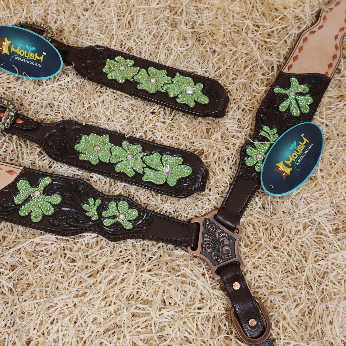 Hand Carved Floral Design with Lime Green Stones Headstall Set