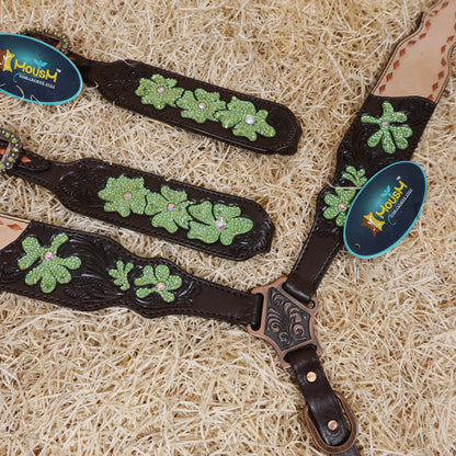 MOUSM Western Tack Set – Handcrafted from Genuine Argentina Cow Leather, Featuring Hand-Carved Floral Design Adorned with Lime Green Stones and Copper Backstitching on Both Headstall and Breast Collar