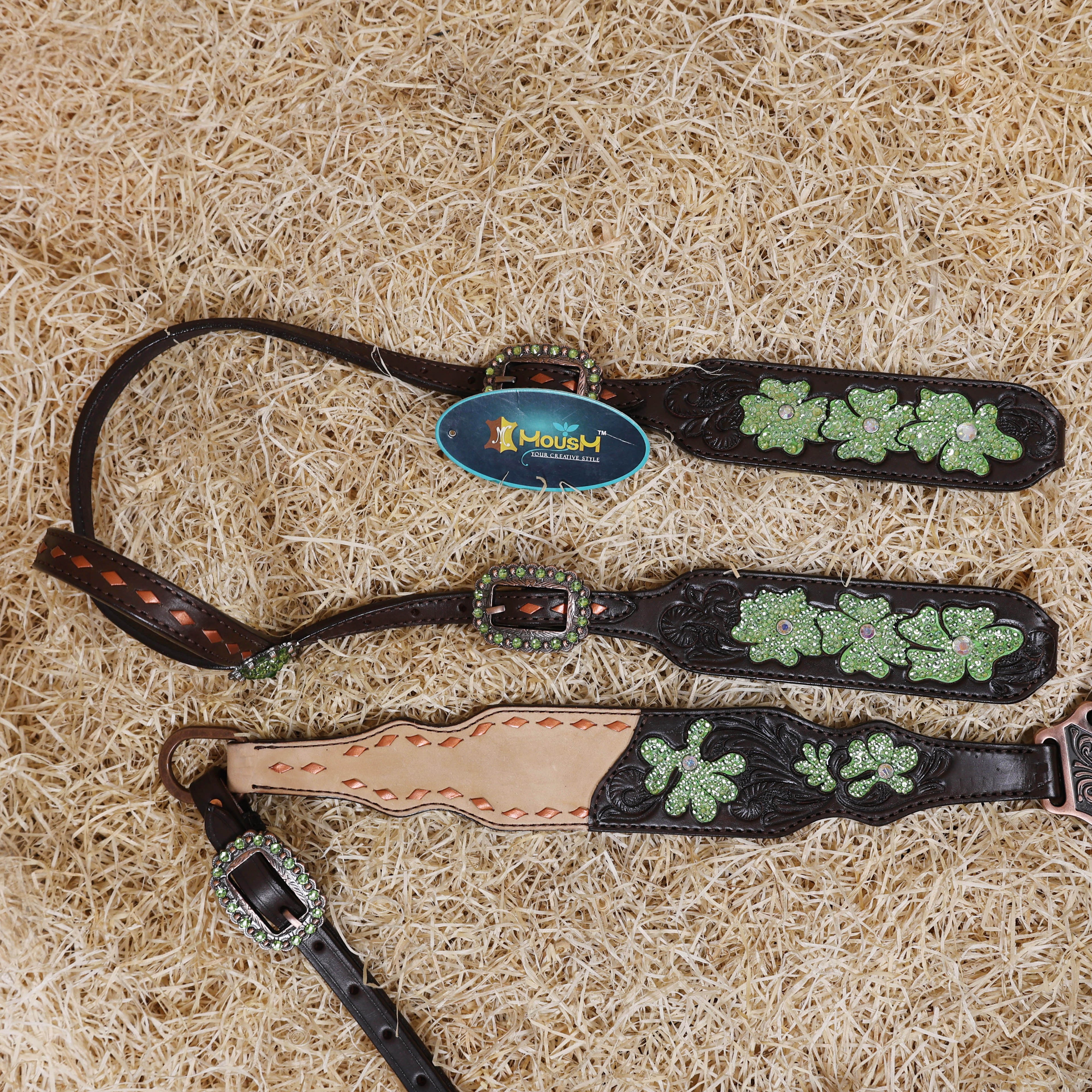 MOUSM Western Tack Set – Handcrafted from Genuine Argentina Cow Leather, Featuring Hand-Carved Floral Design Adorned with Lime Green Stones and Copper Backstitching on Both Headstall and Breast Collar