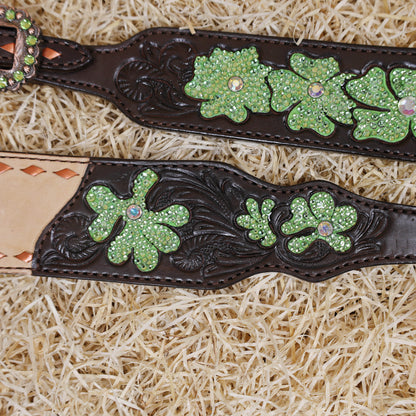 MOUSM Western Tack Set – Handcrafted from Genuine Argentina Cow Leather, Featuring Hand-Carved Floral Design Adorned with Lime Green Stones and Copper Backstitching on Both Headstall and Breast Collar