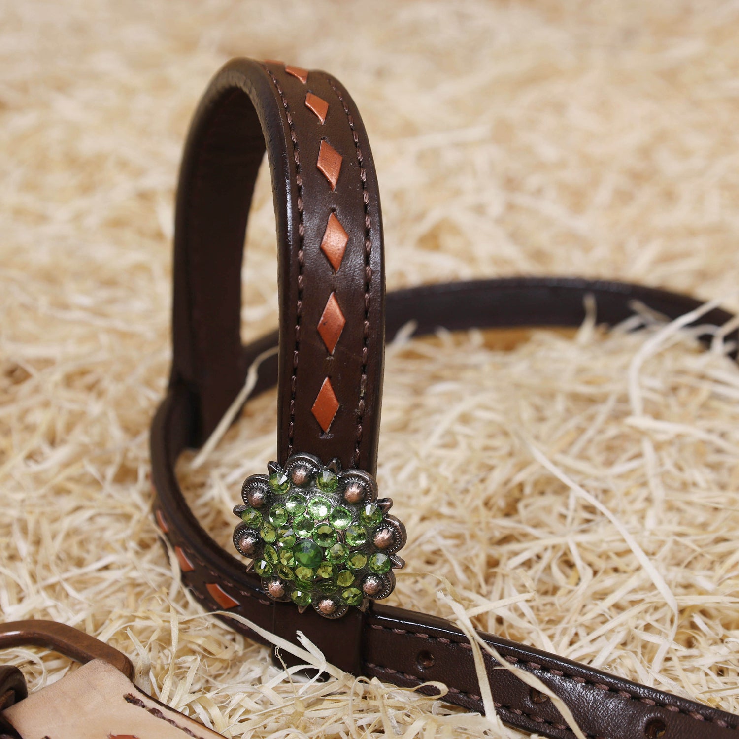 MOUSM Western Tack Set – Handcrafted from Genuine Argentina Cow Leather, Featuring Hand-Carved Floral Design Adorned with Lime Green Stones and Copper Backstitching on Both Headstall and Breast Collar