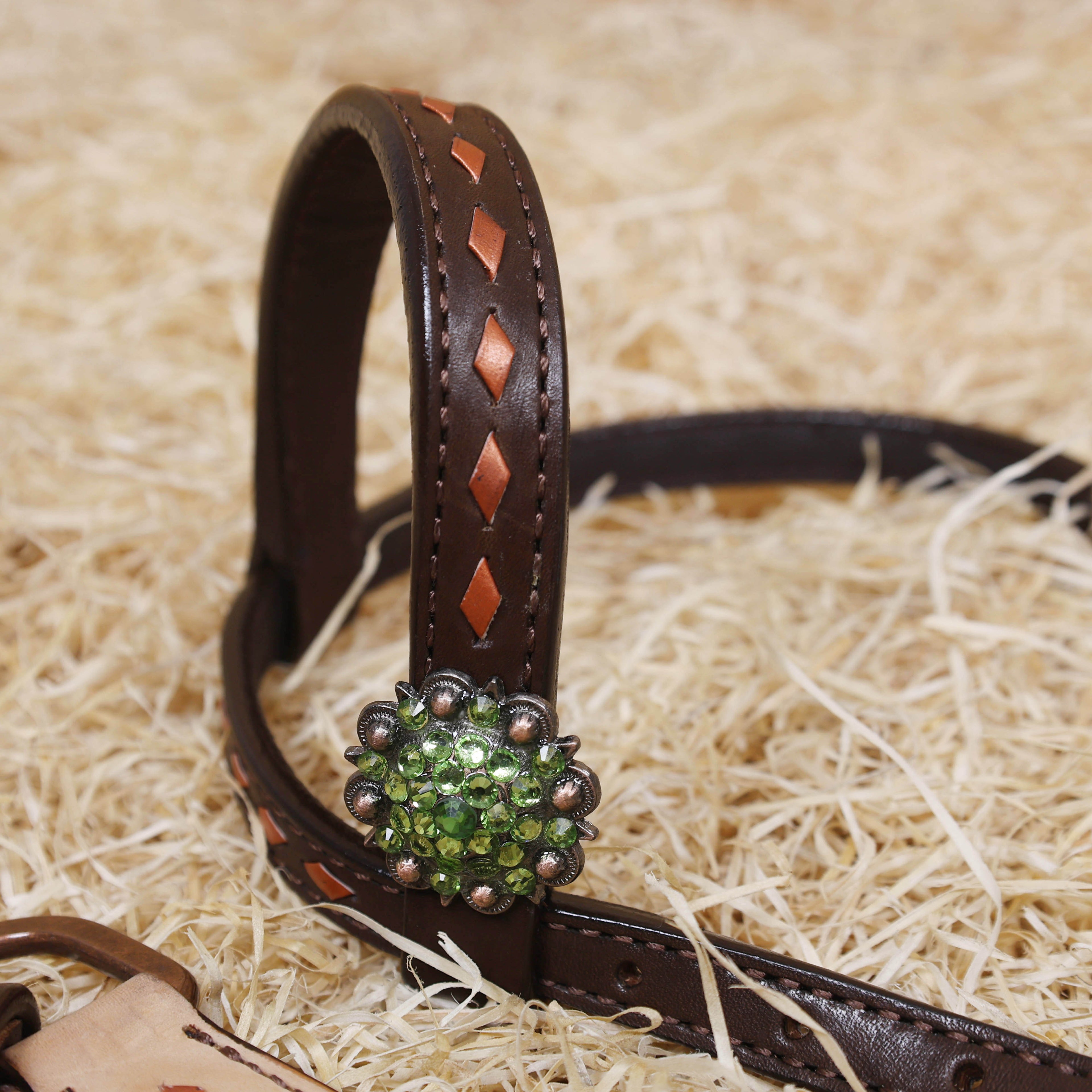 MOUSM Western Tack Set – Handcrafted from Genuine Argentina Cow Leather, Featuring Hand-Carved Floral Design Adorned with Lime Green Stones and Copper Backstitching on Both Headstall and Breast Collar