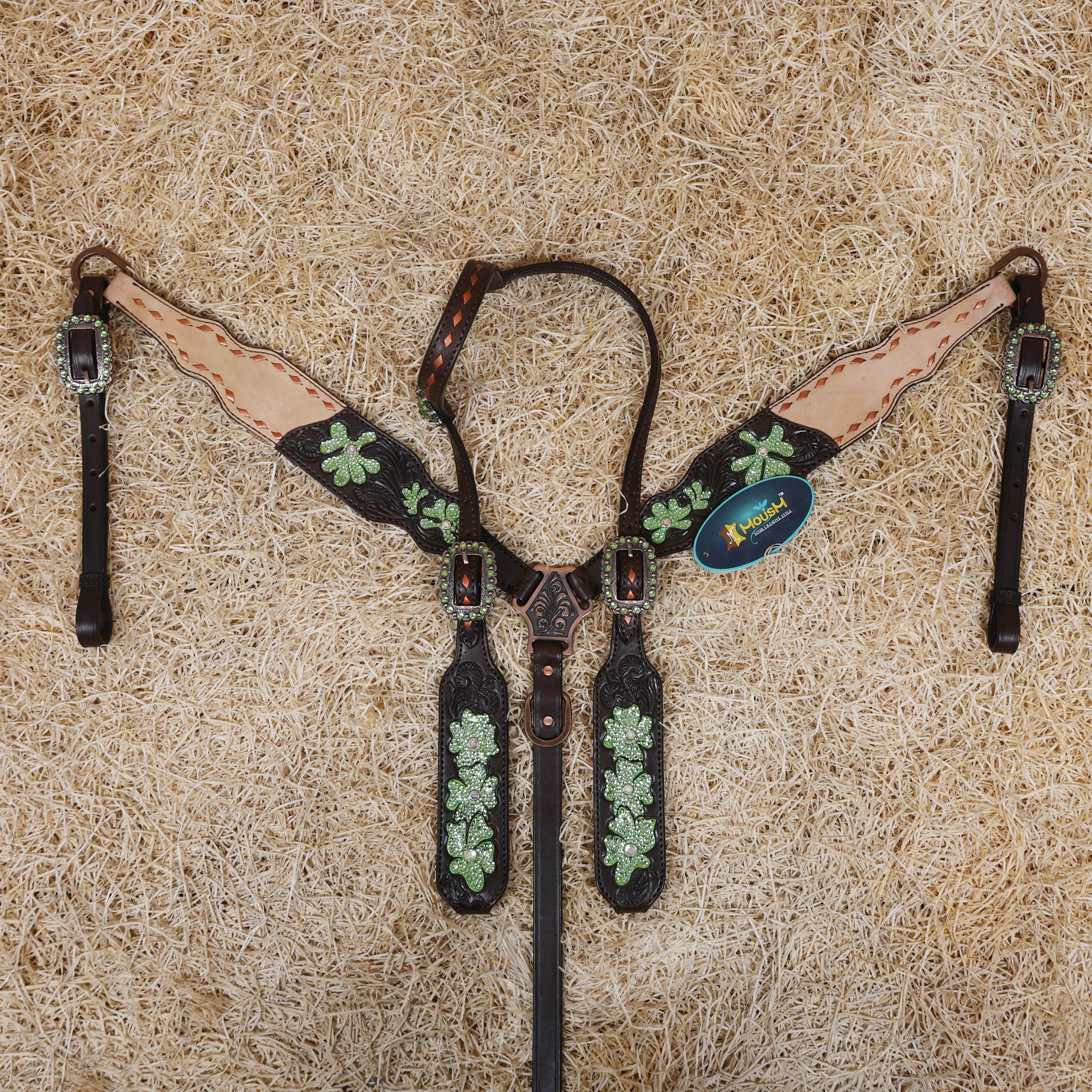MOUSM Western Tack Set – Handcrafted from Genuine Argentina Cow Leather, Featuring Hand-Carved Floral Design Adorned with Lime Green Stones and Copper Backstitching on Both Headstall and Breast Collar