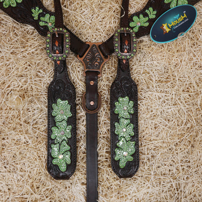 MOUSM Western Tack Set – Handcrafted from Genuine Argentina Cow Leather, Featuring Hand-Carved Floral Design Adorned with Lime Green Stones and Copper Backstitching on Both Headstall and Breast Collar