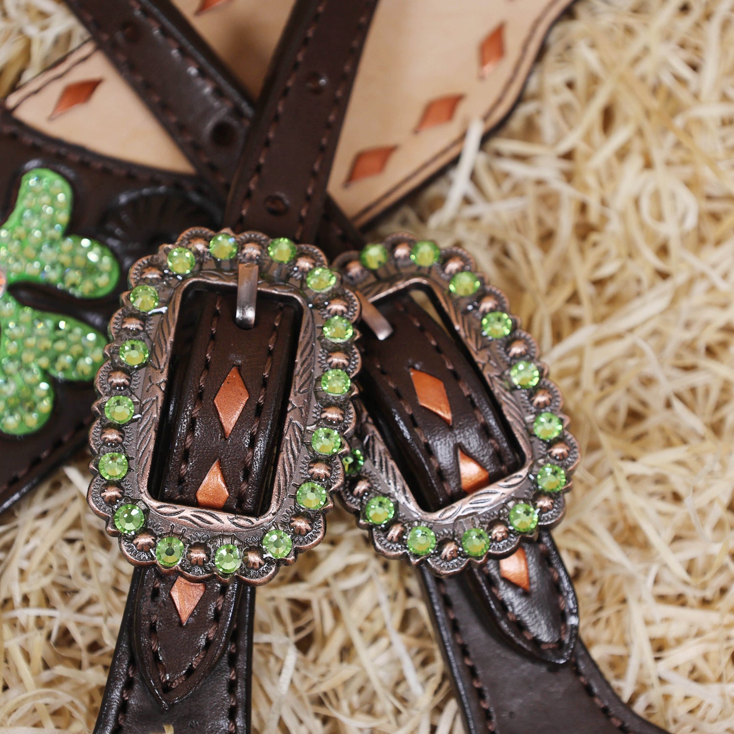 MOUSM Western Tack Set – Handcrafted from Genuine Argentina Cow Leather, Featuring Hand-Carved Floral Design Adorned with Lime Green Stones and Copper Backstitching on Both Headstall and Breast Collar