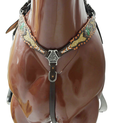 MOUSM Argentina Cow Leather Western Horse Tack Set – Featuring Desert Carving, Copper Rawhide Crisscross Braiding Along the Edges and Topaz Stones on Both Headstall and Breast Collar, Copper Engraved Flower Rope-Edge Conchos