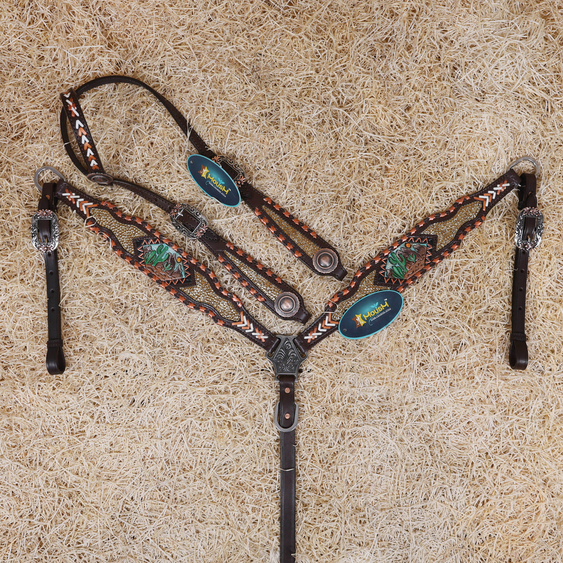 MOUSM Argentina Cow Leather Western Horse Tack Set – Featuring Desert Carving, Copper Rawhide Crisscross Braiding Along the Edges and Topaz Stones on Both Headstall and Breast Collar, Copper Engraved Flower Rope-Edge Conchos