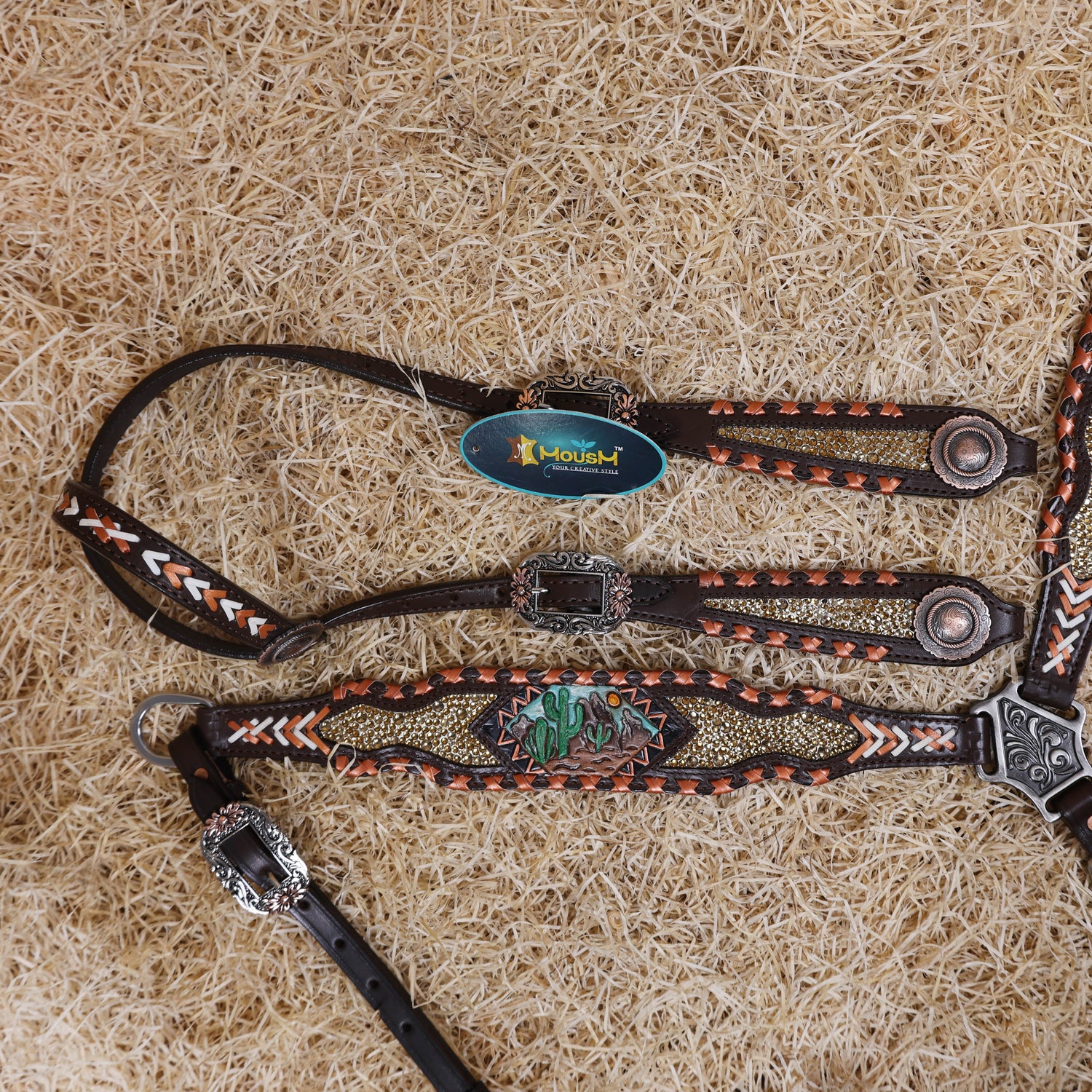 MOUSM Argentina Cow Leather Western Horse Tack Set – Featuring Desert Carving, Copper Rawhide Crisscross Braiding Along the Edges and Topaz Stones on Both Headstall and Breast Collar, Copper Engraved Flower Rope-Edge Conchos