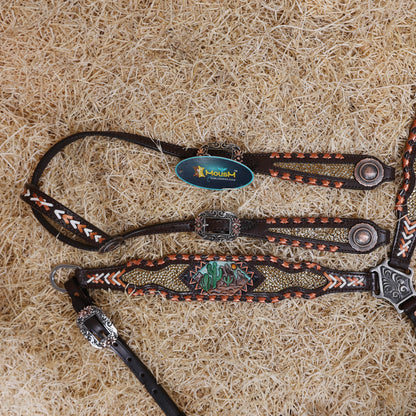 MOUSM Argentina Cow Leather Western Horse Tack Set – Featuring Desert Carving, Copper Rawhide Crisscross Braiding Along the Edges and Topaz Stones on Both Headstall and Breast Collar, Copper Engraved Flower Rope-Edge Conchos