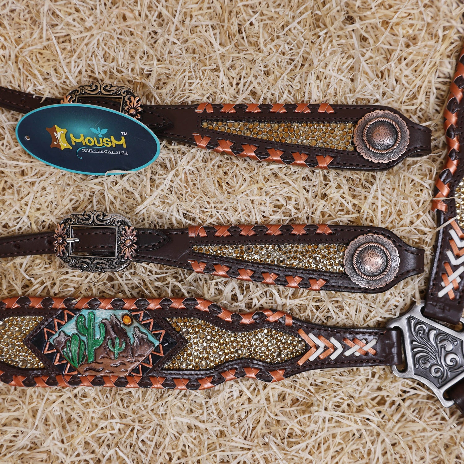 MOUSM Argentina Cow Leather Western Horse Tack Set – Featuring Desert Carving, Copper Rawhide Crisscross Braiding Along the Edges and Topaz Stones on Both Headstall and Breast Collar, Copper Engraved Flower Rope-Edge Conchos