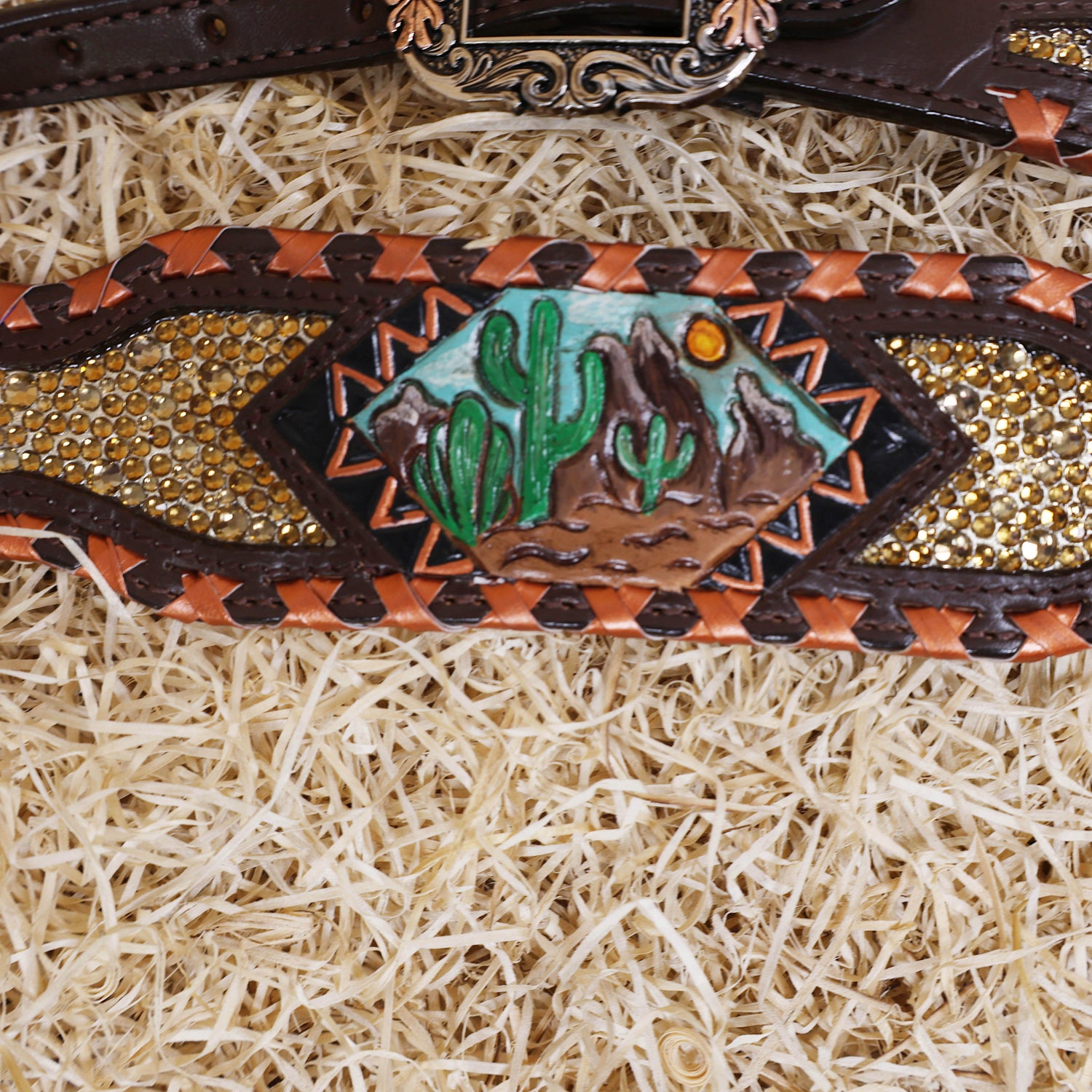 MOUSM Argentina Cow Leather Western Horse Tack Set – Featuring Desert Carving, Copper Rawhide Crisscross Braiding Along the Edges and Topaz Stones on Both Headstall and Breast Collar, Copper Engraved Flower Rope-Edge Conchos