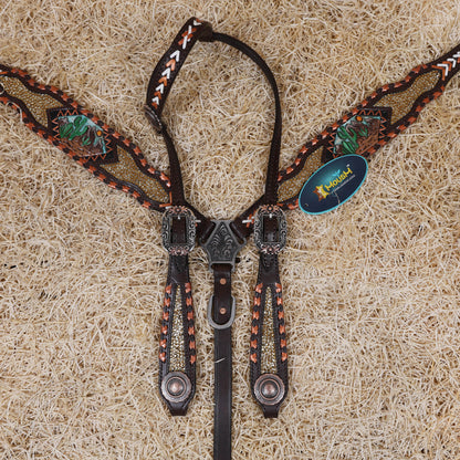 MOUSM Argentina Cow Leather Western Horse Tack Set – Featuring Desert Carving, Copper Rawhide Crisscross Braiding Along the Edges and Topaz Stones on Both Headstall and Breast Collar, Copper Engraved Flower Rope-Edge Conchos