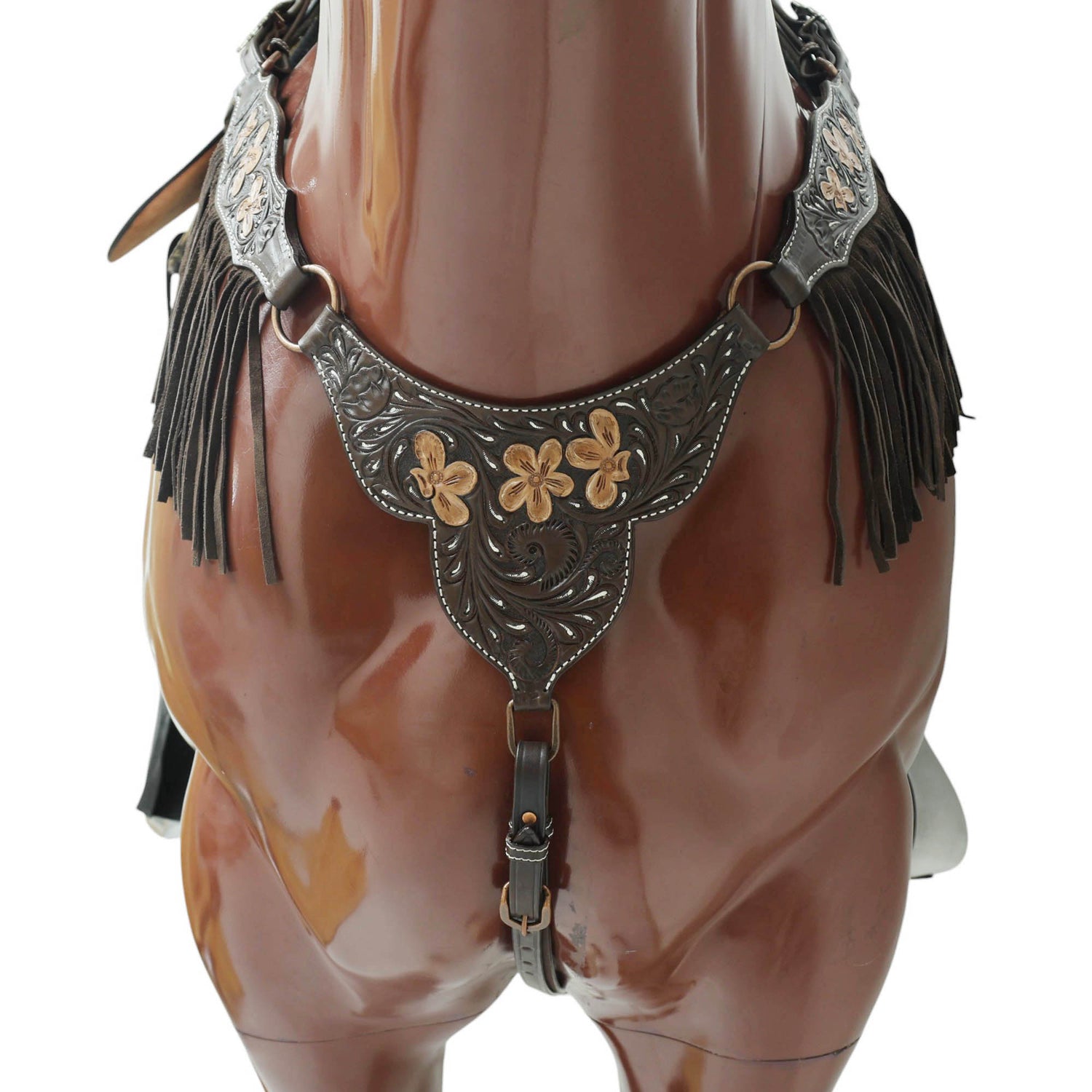 MOUSM Western Headstall and Breast Collar - Made with Argentina Cow Leather Decorated with Flower Hand Tooled Design with Brown Fringe, All Antique Copper Hardware, Average Full-Size Horses