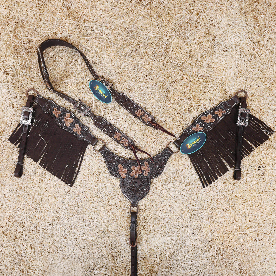 MOUSM Western Headstall and Breast Collar - Made with Argentina Cow Leather Decorated with Flower Hand Tooled Design with Brown Fringe, All Antique Copper Hardware, Average Full-Size Horses