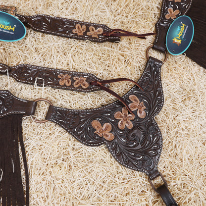 MOUSM Western Headstall and Breast Collar - Made with Argentina Cow Leather Decorated with Flower Hand Tooled Design with Brown Fringe, All Antique Copper Hardware, Average Full-Size Horses