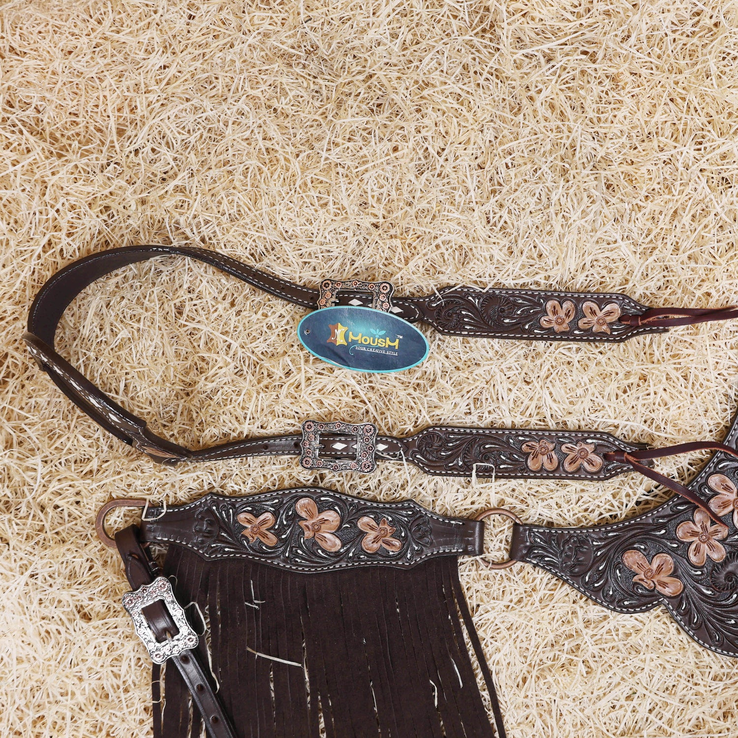 MOUSM Western Headstall and Breast Collar - Made with Argentina Cow Leather Decorated with Flower Hand Tooled Design with Brown Fringe, All Antique Copper Hardware, Average Full-Size Horses