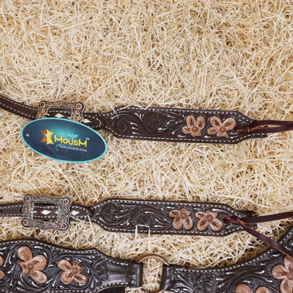 MOUSM Western Headstall and Breast Collar - Made with Argentina Cow Leather Decorated with Flower Hand Tooled Design with Brown Fringe, All Antique Copper Hardware, Average Full-Size Horses