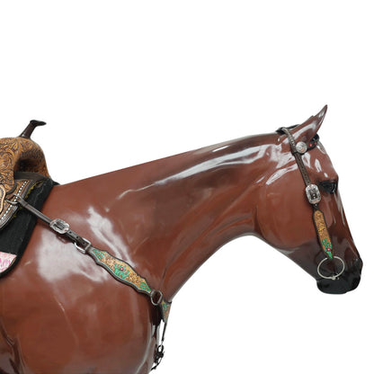 MOUSM Western Horse Headstall and Breast Collar Set – Made from Genuine Argentina Cow Leather, Decorated with Hand-Painted Cactus and Floral Carving, Featuring a Flower-Engraved Concho on One-Ear, Designed to Fit Average Full-Size Horses