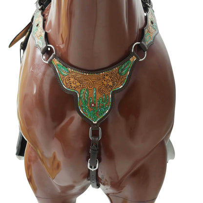 MOUSM Western Horse Headstall and Breast Collar Set – Made from Genuine Argentina Cow Leather, Decorated with Hand-Painted Cactus and Floral Carving, Featuring a Flower-Engraved Concho on One-Ear, Designed to Fit Average Full-Size Horses