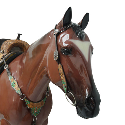 MOUSM Western Horse Headstall and Breast Collar Set – Made from Genuine Argentina Cow Leather, Decorated with Hand-Painted Cactus and Floral Carving, Featuring a Flower-Engraved Concho on One-Ear, Designed to Fit Average Full-Size Horses