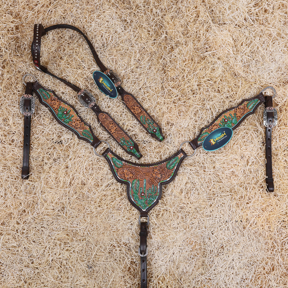 MOUSM Western Horse Headstall and Breast Collar Set – Made from Genuine Argentina Cow Leather, Decorated with Hand-Painted Cactus and Floral Carving, Featuring a Flower-Engraved Concho on One-Ear, Designed to Fit Average Full-Size Horses
