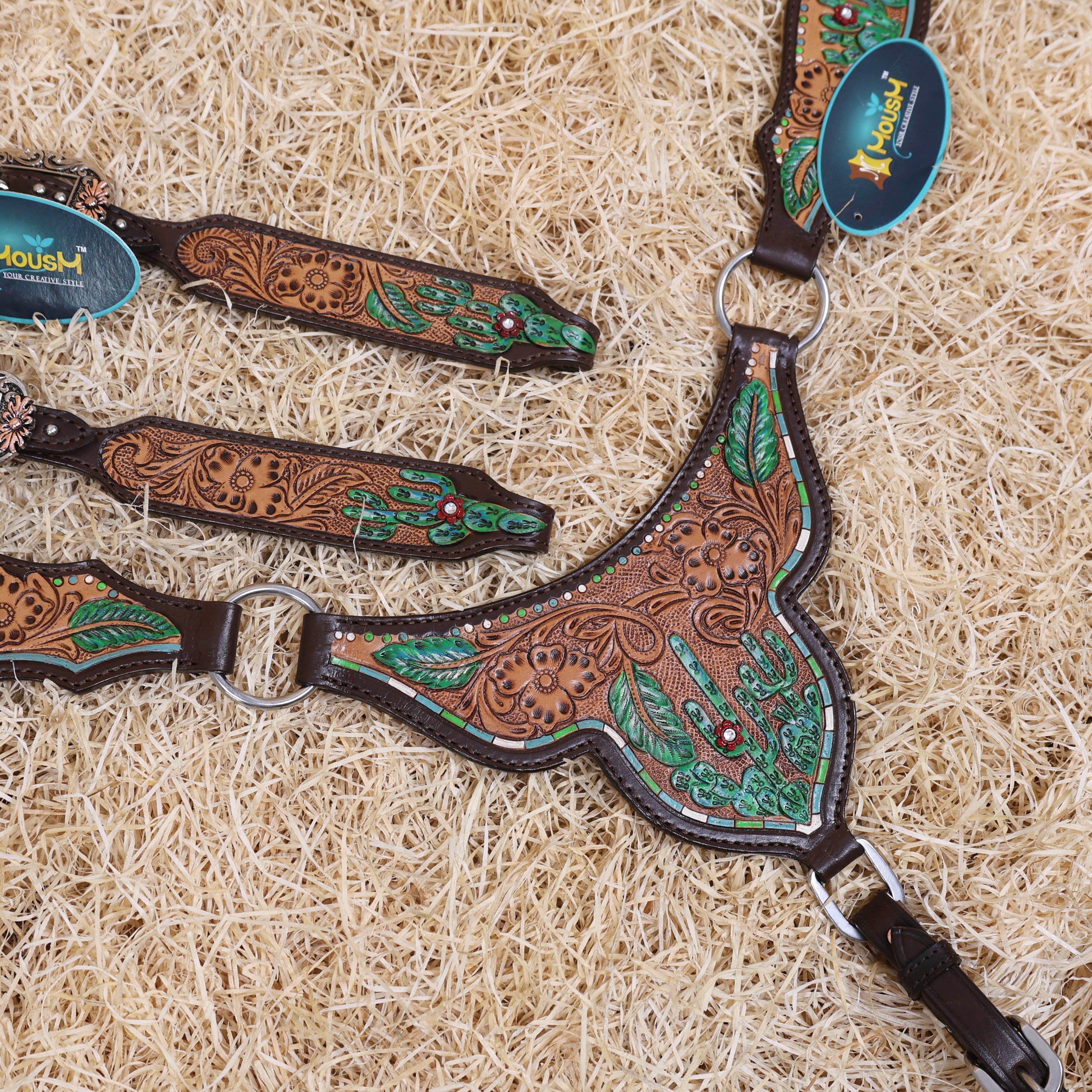 MOUSM Western Horse Headstall and Breast Collar Set – Made from Genuine Argentina Cow Leather, Decorated with Hand-Painted Cactus and Floral Carving, Featuring a Flower-Engraved Concho on One-Ear, Designed to Fit Average Full-Size Horses