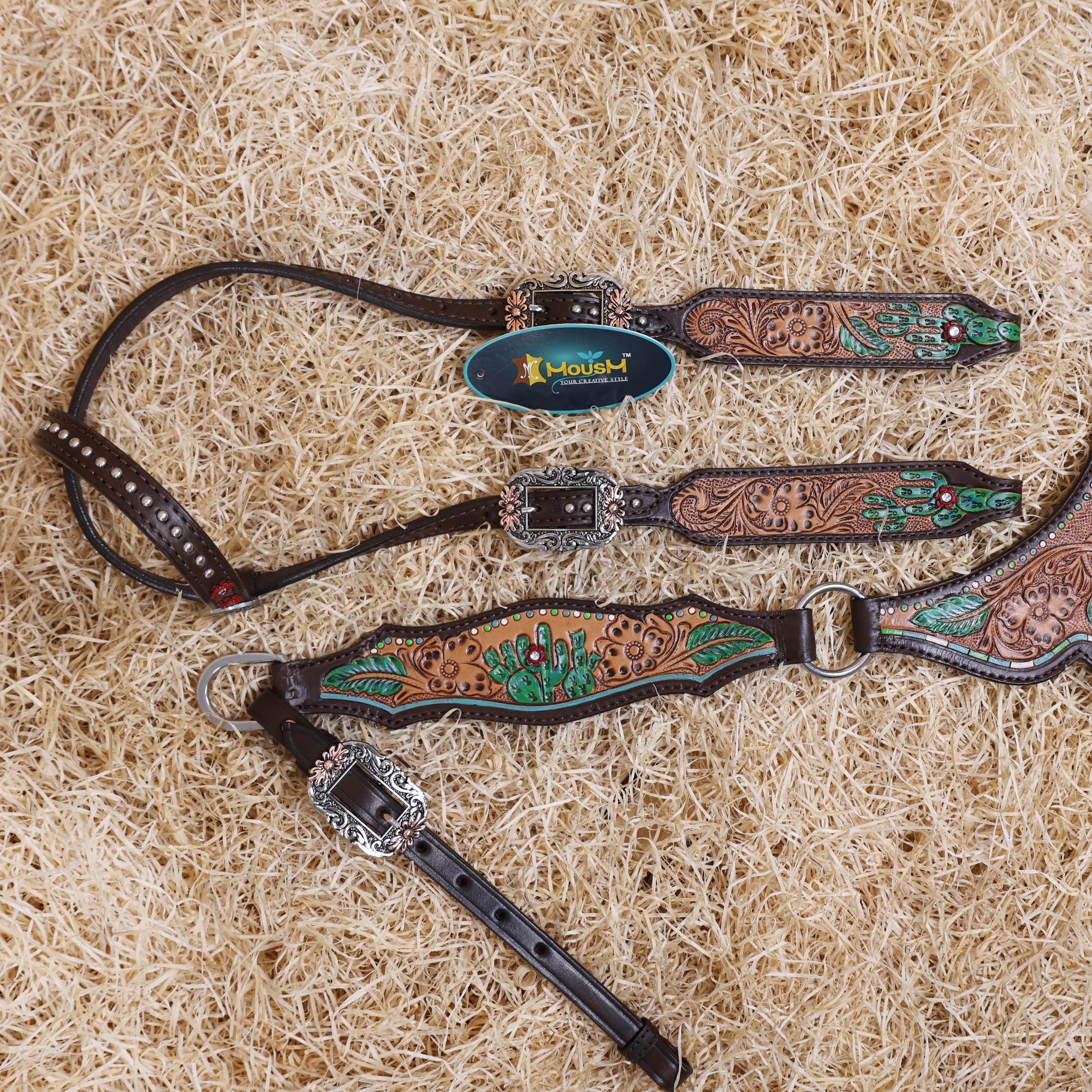 MOUSM Western Horse Headstall and Breast Collar Set – Made from Genuine Argentina Cow Leather, Decorated with Hand-Painted Cactus and Floral Carving, Featuring a Flower-Engraved Concho on One-Ear, Designed to Fit Average Full-Size Horses