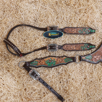 MOUSM Western Horse Headstall and Breast Collar Set – Made from Genuine Argentina Cow Leather, Decorated with Hand-Painted Cactus and Floral Carving, Featuring a Flower-Engraved Concho on One-Ear, Designed to Fit Average Full-Size Horses