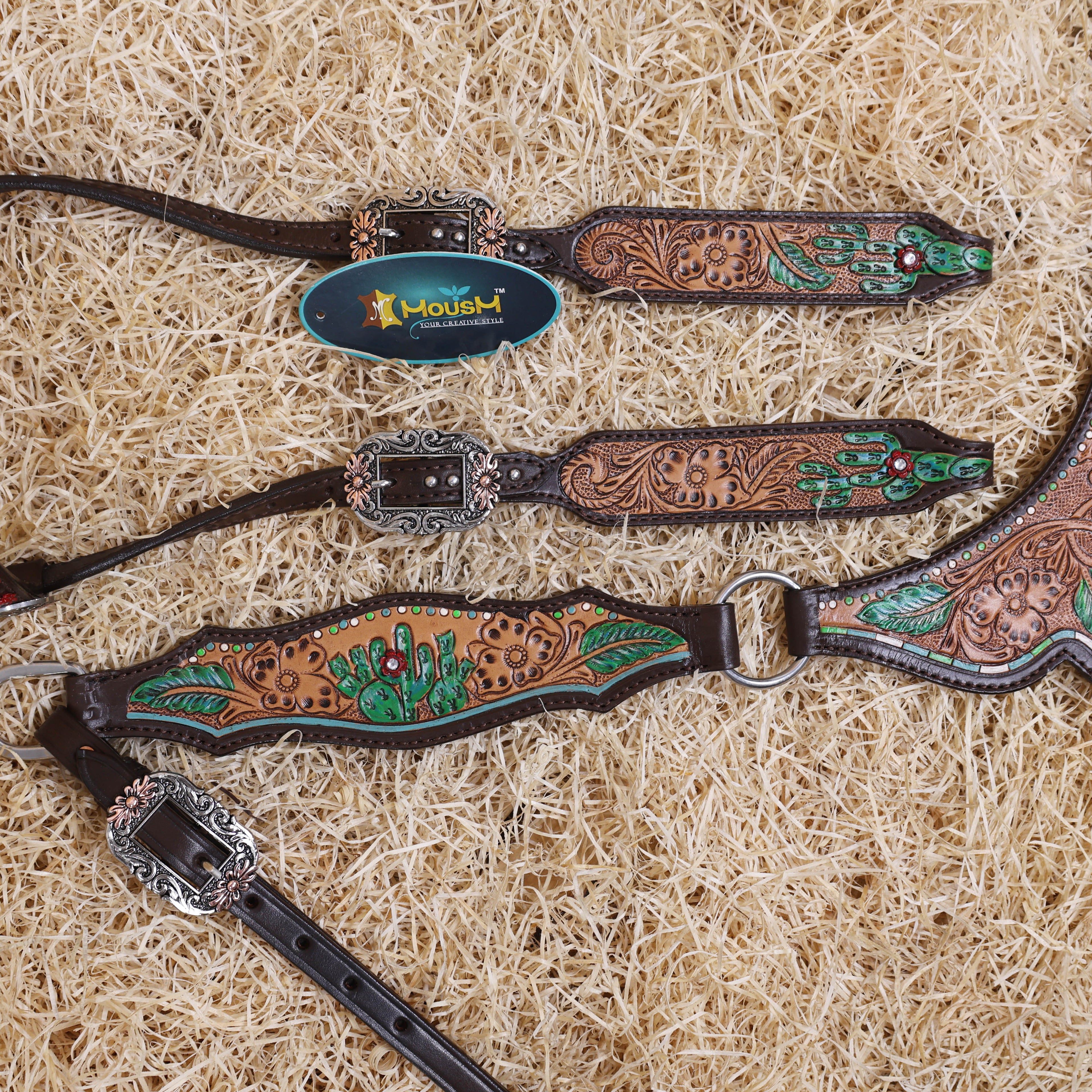 MOUSM Western Horse Headstall and Breast Collar Set – Made from Genuine Argentina Cow Leather, Decorated with Hand-Painted Cactus and Floral Carving, Featuring a Flower-Engraved Concho on One-Ear, Designed to Fit Average Full-Size Horses