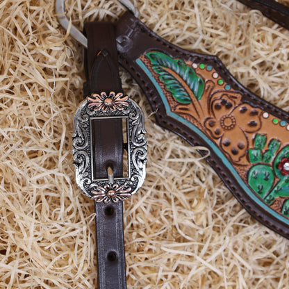 MOUSM Western Horse Headstall and Breast Collar Set – Made from Genuine Argentina Cow Leather, Decorated with Hand-Painted Cactus and Floral Carving, Featuring a Flower-Engraved Concho on One-Ear, Designed to Fit Average Full-Size Horses