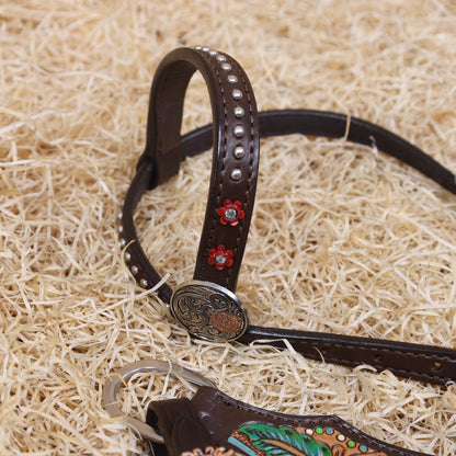 MOUSM Western Horse Headstall and Breast Collar Set – Made from Genuine Argentina Cow Leather, Decorated with Hand-Painted Cactus and Floral Carving, Featuring a Flower-Engraved Concho on One-Ear, Designed to Fit Average Full-Size Horses