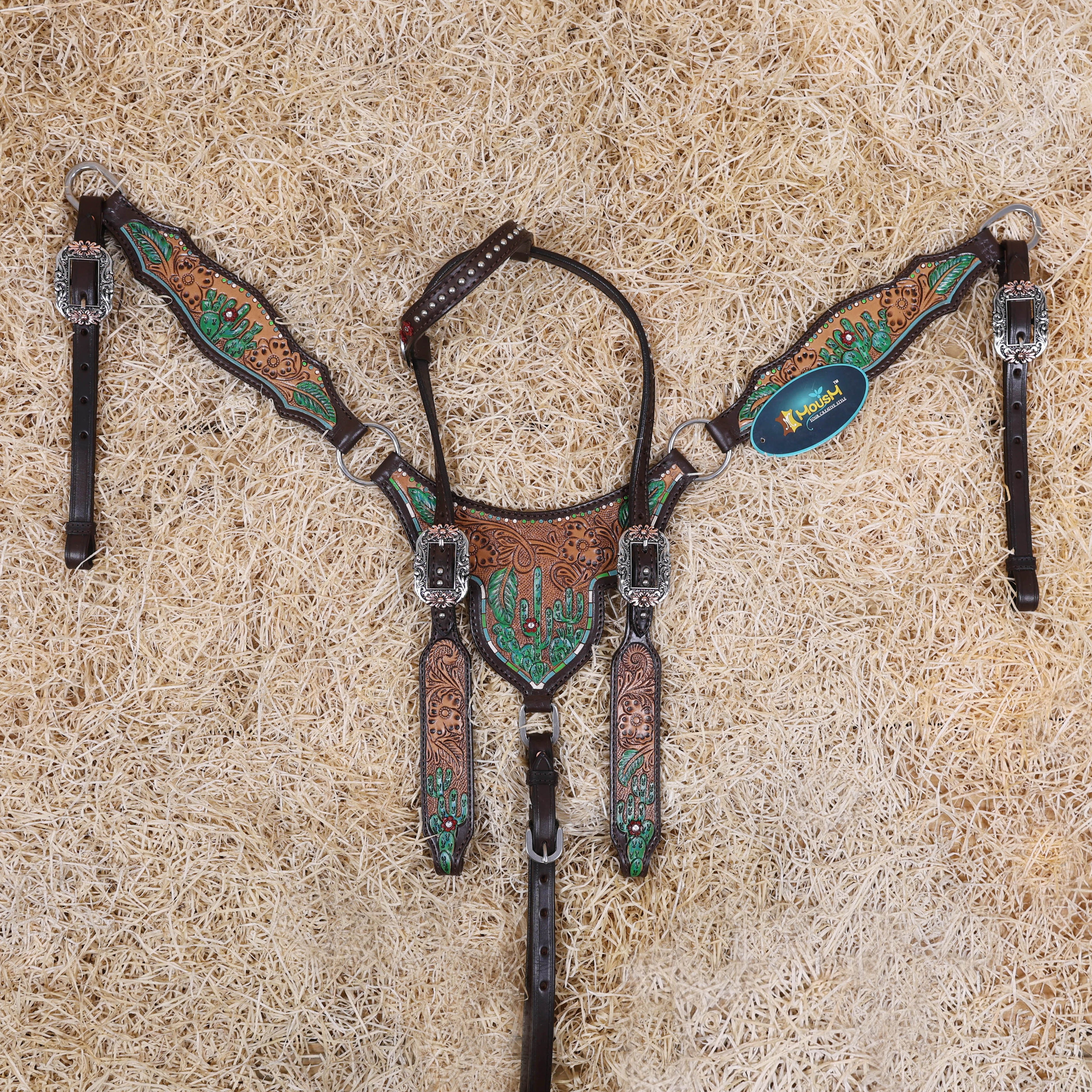 MOUSM Western Horse Headstall and Breast Collar Set – Made from Genuine Argentina Cow Leather, Decorated with Hand-Painted Cactus and Floral Carving, Featuring a Flower-Engraved Concho on One-Ear, Designed to Fit Average Full-Size Horses