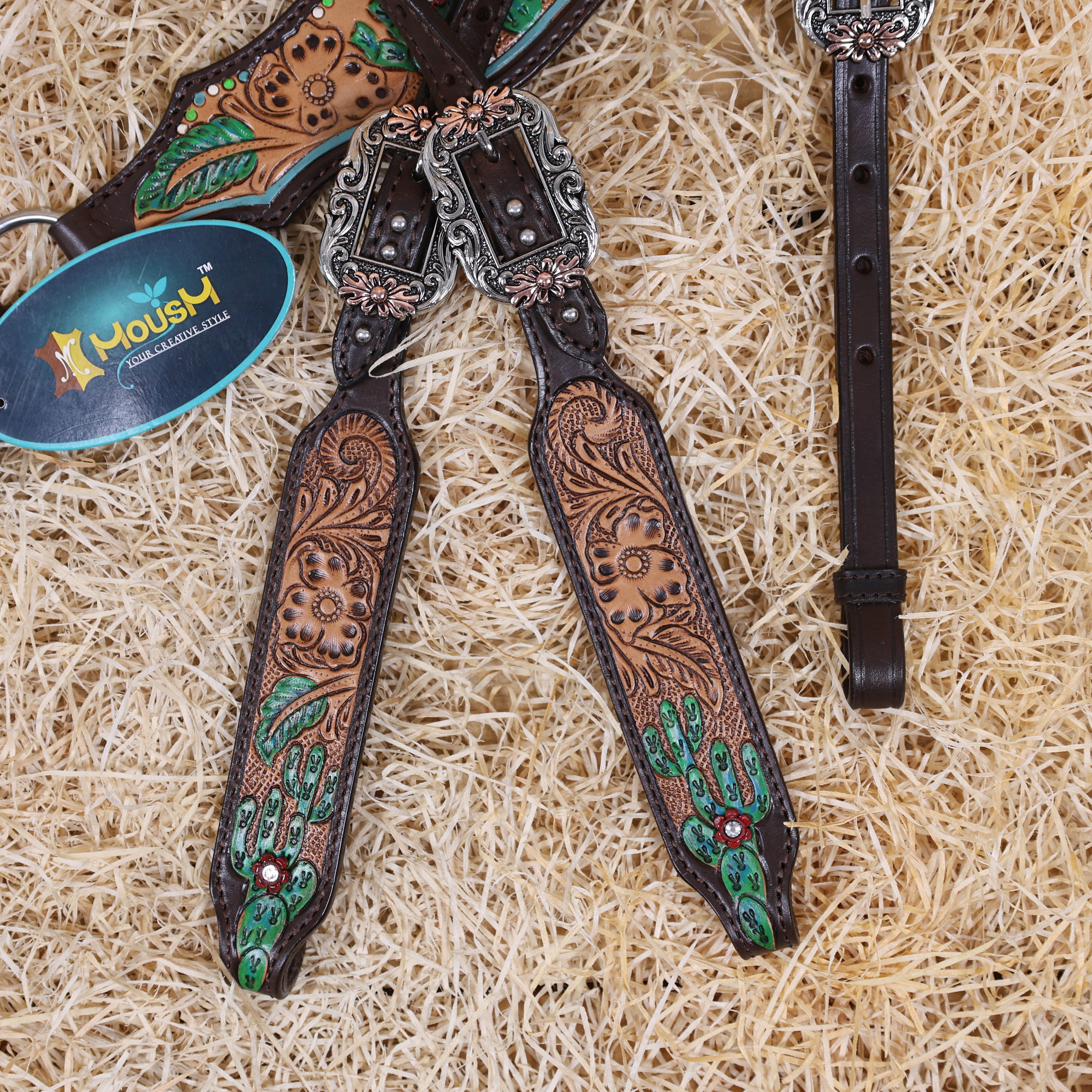 MOUSM Western Horse Headstall and Breast Collar Set – Made from Genuine Argentina Cow Leather, Decorated with Hand-Painted Cactus and Floral Carving, Featuring a Flower-Engraved Concho on One-Ear, Designed to Fit Average Full-Size Horses