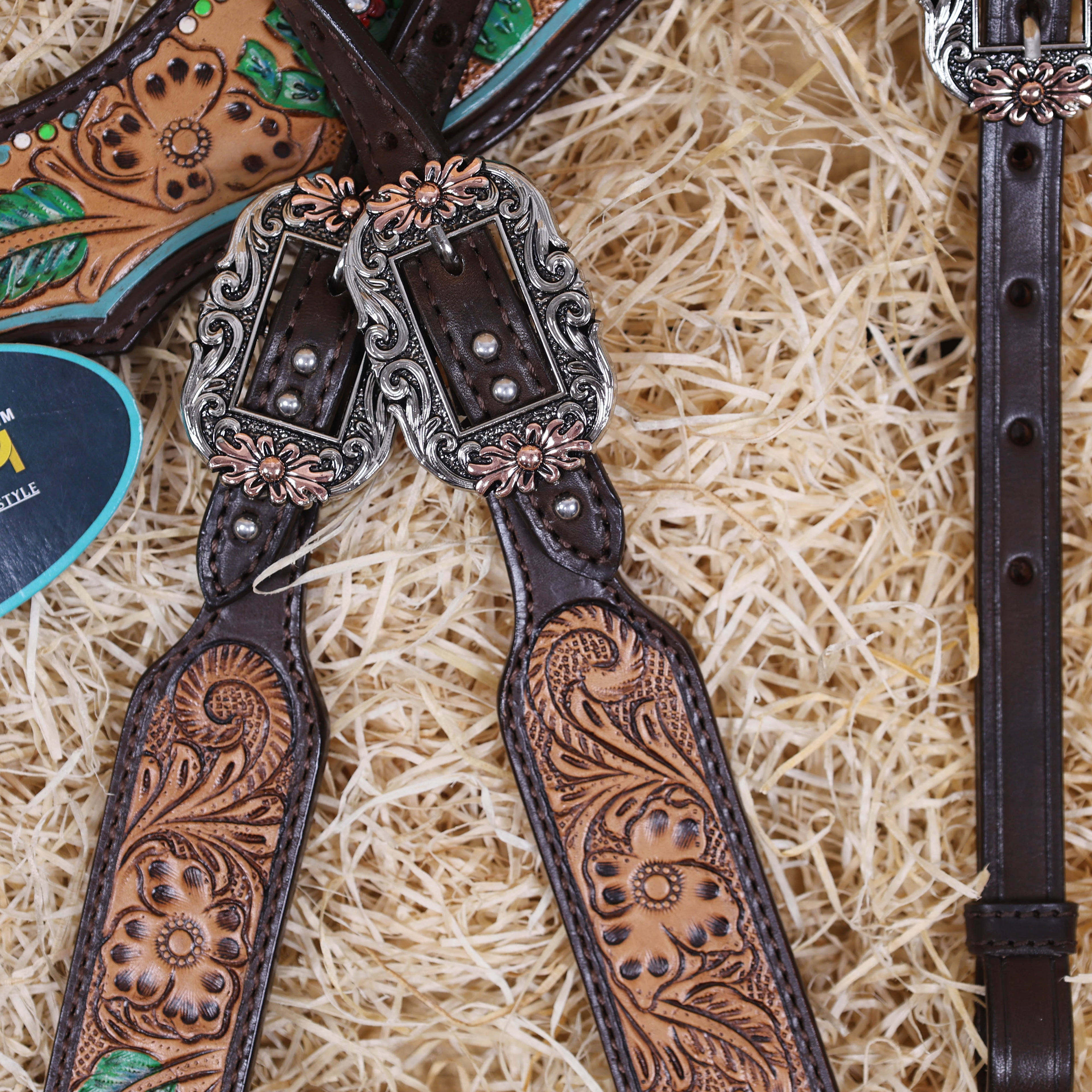 MOUSM Western Horse Headstall and Breast Collar Set – Made from Genuine Argentina Cow Leather, Decorated with Hand-Painted Cactus and Floral Carving, Featuring a Flower-Engraved Concho on One-Ear, Designed to Fit Average Full-Size Horses