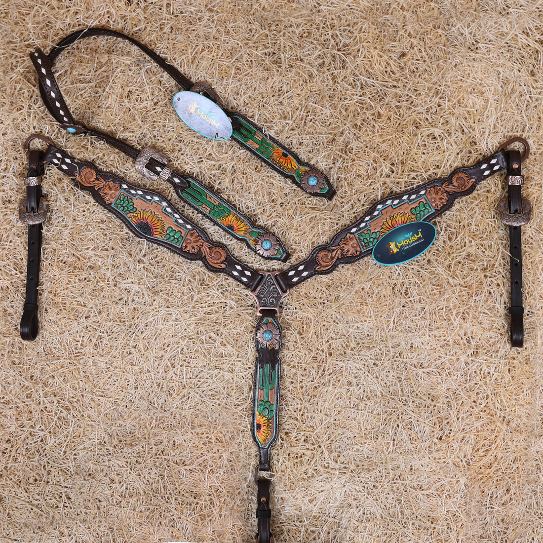 MOUSM Western Horse Tack Set – Made from Genuine Argentina Cow Leather, Decorated with Hand-Carved Cactus and Sunflower Designs, Rawhide Backstitching on One-Ear Headstall and Breast Collar, and Flower-Shaped Conchos with Turquoise Stone