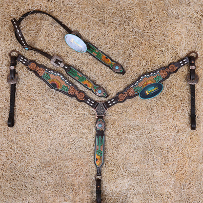 MOUSM Western Horse Tack Set – Made from Genuine Argentina Cow Leather, Decorated with Hand-Carved Cactus and Sunflower Designs, Rawhide Backstitching on One-Ear Headstall and Breast Collar, and Flower-Shaped Conchos with Turquoise Stone