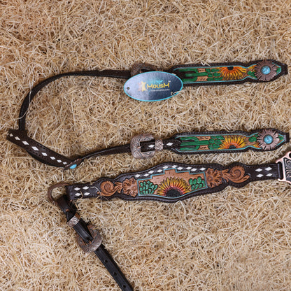 MOUSM Western Horse Tack Set – Made from Genuine Argentina Cow Leather, Decorated with Hand-Carved Cactus and Sunflower Designs, Rawhide Backstitching on One-Ear Headstall and Breast Collar, and Flower-Shaped Conchos with Turquoise Stone