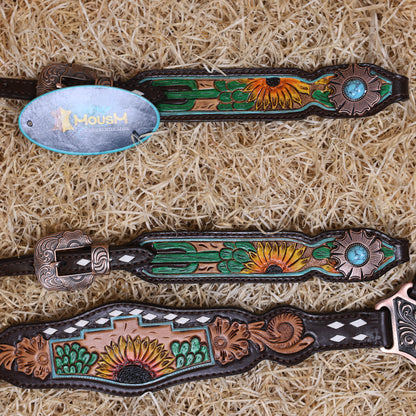 MOUSM Western Horse Tack Set – Made from Genuine Argentina Cow Leather, Decorated with Hand-Carved Cactus and Sunflower Designs, Rawhide Backstitching on One-Ear Headstall and Breast Collar, and Flower-Shaped Conchos with Turquoise Stone