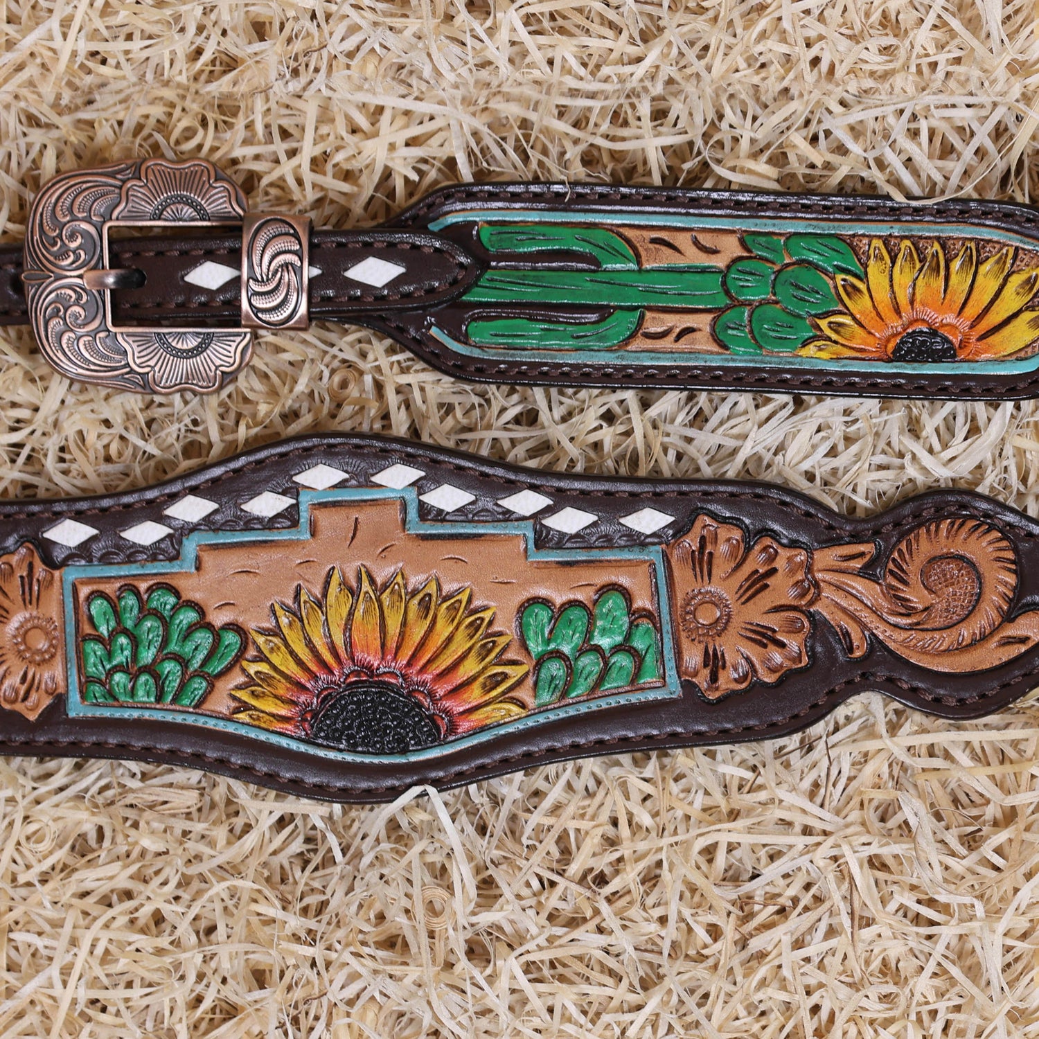 MOUSM Western Horse Tack Set – Made from Genuine Argentina Cow Leather, Decorated with Hand-Carved Cactus and Sunflower Designs, Rawhide Backstitching on One-Ear Headstall and Breast Collar, and Flower-Shaped Conchos with Turquoise Stone