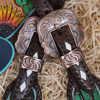 MOUSM Western Horse Tack Set – Made from Genuine Argentina Cow Leather, Decorated with Hand-Carved Cactus and Sunflower Designs, Rawhide Backstitching on One-Ear Headstall and Breast Collar, and Flower-Shaped Conchos with Turquoise Stone