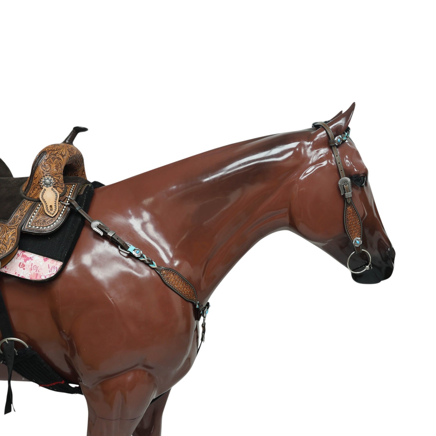 MOUSM Argentina Cow Leather Western Horse Tack Set – Decorated with Geometric Tooling, Criss-Cross Braiding with Turquoise Accents on One-Ear Headstall and Breast Collar, Turquoise Stone Conchos