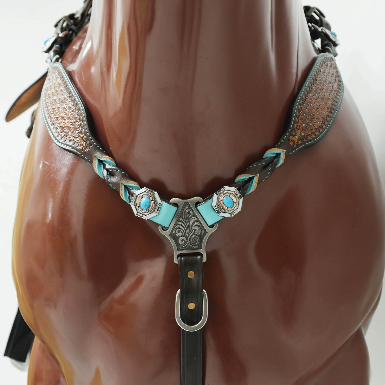 MOUSM Argentina Cow Leather Western Horse Tack Set – Decorated with Geometric Tooling, Criss-Cross Braiding with Turquoise Accents on One-Ear Headstall and Breast Collar, Turquoise Stone Conchos