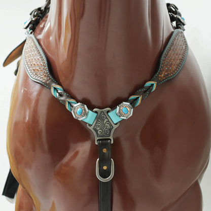MOUSM Argentina Cow Leather Western Horse Tack Set – Decorated with Geometric Tooling, Criss-Cross Braiding with Turquoise Accents on One-Ear Headstall and Breast Collar, Turquoise Stone Conchos