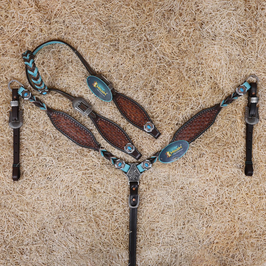 MOUSM Argentina Cow Leather Western Horse Tack Set – Decorated with Geometric Tooling, Criss-Cross Braiding with Turquoise Accents on One-Ear Headstall and Breast Collar, Turquoise Stone Conchos