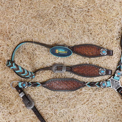 MOUSM Argentina Cow Leather Western Horse Tack Set – Decorated with Geometric Tooling, Criss-Cross Braiding with Turquoise Accents on One-Ear Headstall and Breast Collar, Turquoise Stone Conchos