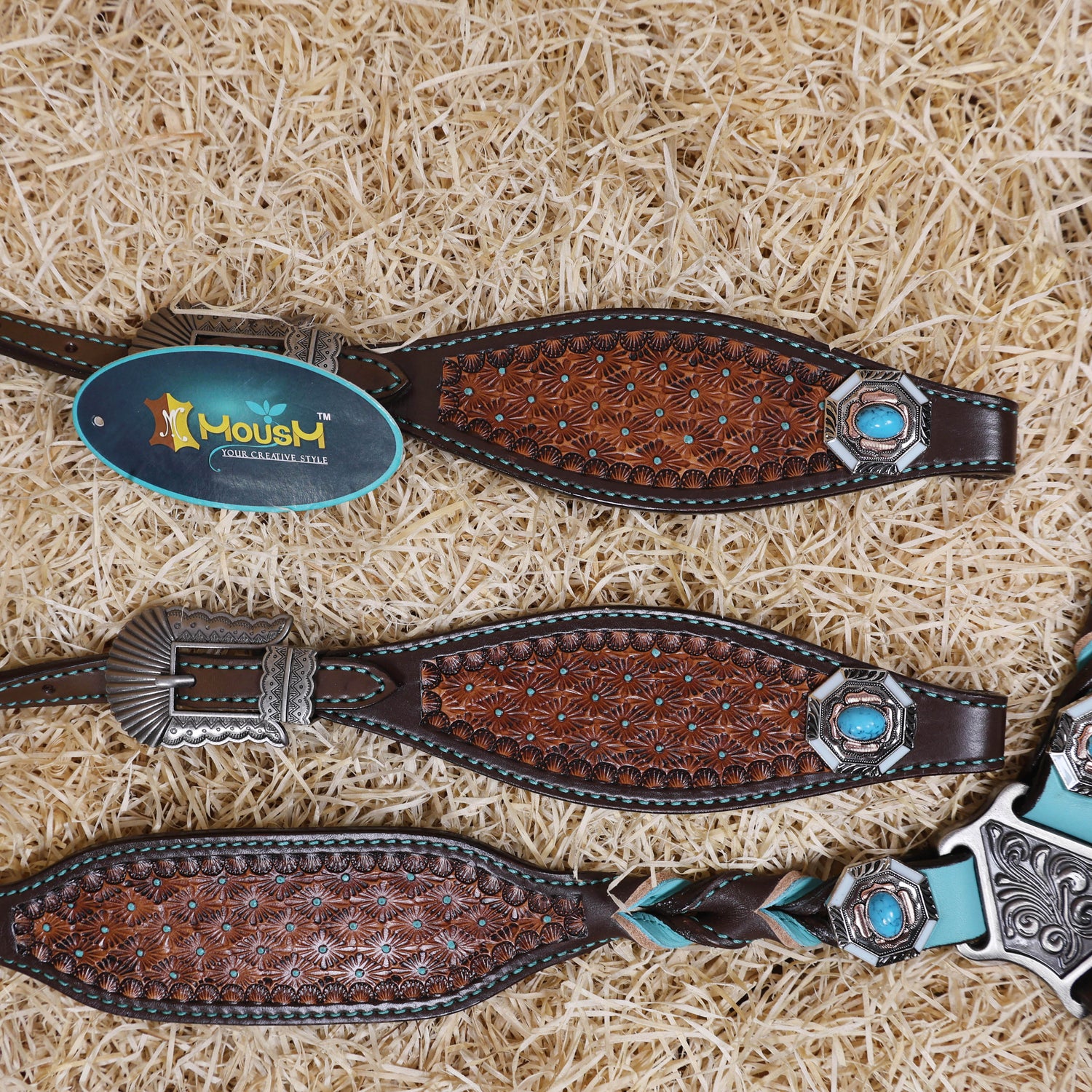 MOUSM Argentina Cow Leather Western Horse Tack Set – Decorated with Geometric Tooling, Criss-Cross Braiding with Turquoise Accents on One-Ear Headstall and Breast Collar, Turquoise Stone Conchos