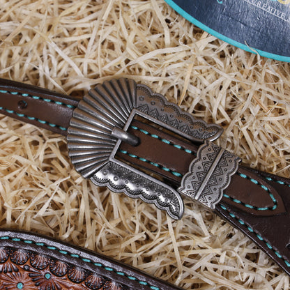 MOUSM Argentina Cow Leather Western Horse Tack Set – Decorated with Geometric Tooling, Criss-Cross Braiding with Turquoise Accents on One-Ear Headstall and Breast Collar, Turquoise Stone Conchos