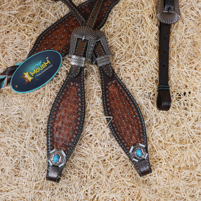 MOUSM Argentina Cow Leather Western Horse Tack Set – Decorated with Geometric Tooling, Criss-Cross Braiding with Turquoise Accents on One-Ear Headstall and Breast Collar, Turquoise Stone Conchos