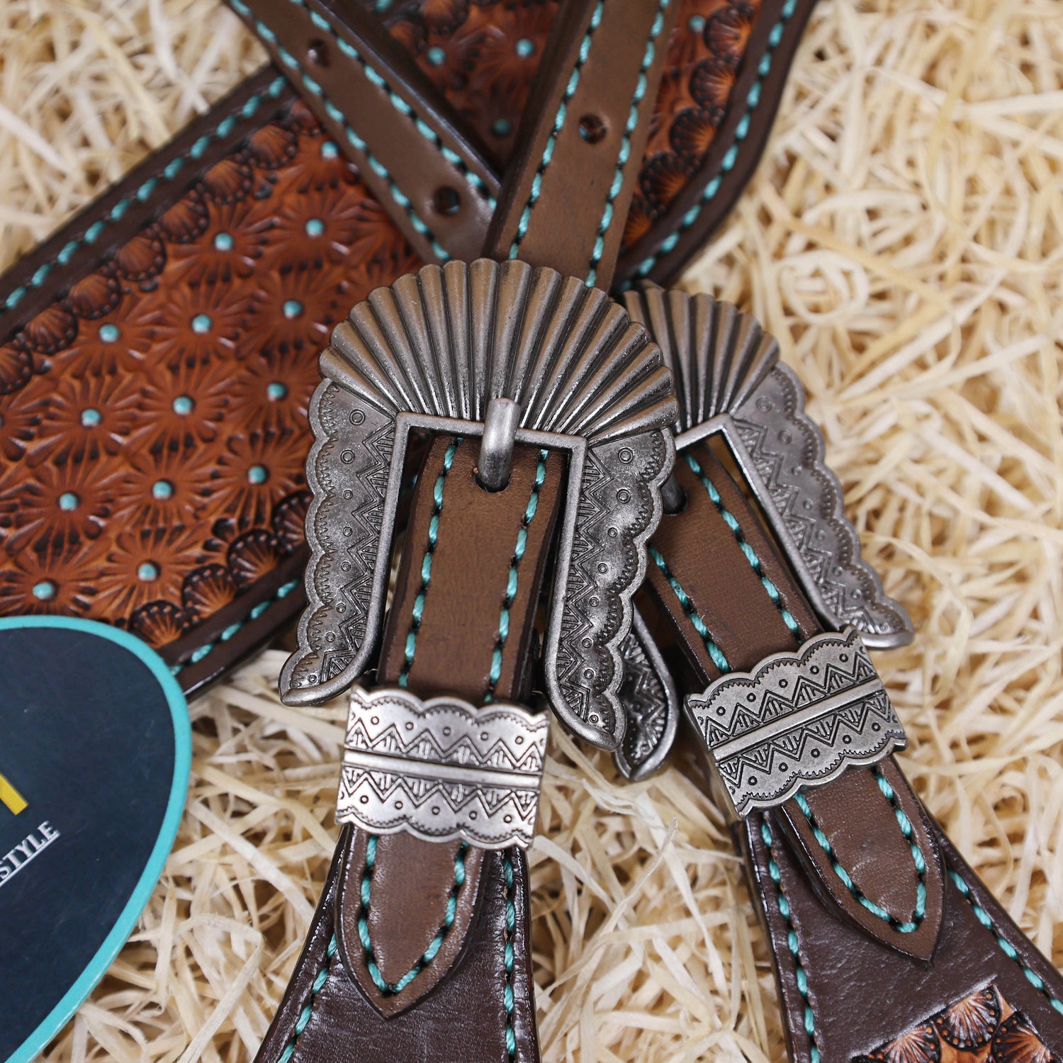 MOUSM Argentina Cow Leather Western Horse Tack Set – Decorated with Geometric Tooling, Criss-Cross Braiding with Turquoise Accents on One-Ear Headstall and Breast Collar, Turquoise Stone Conchos