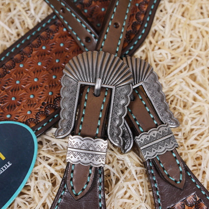 MOUSM Argentina Cow Leather Western Horse Tack Set – Decorated with Geometric Tooling, Criss-Cross Braiding with Turquoise Accents on One-Ear Headstall and Breast Collar, Turquoise Stone Conchos